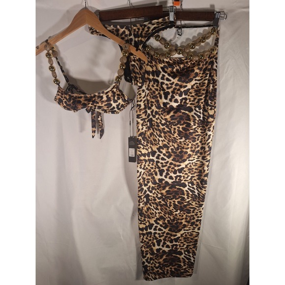 Fashion Nova Other - Fashion Nova Remi Bead Straps Leopard 3 Piece Bikini and Skirt Set Brown XS NEW